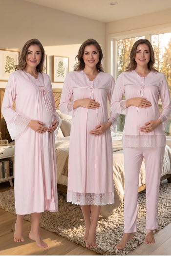 Effortt 7046 Pudra Güpür Dantelli Lohusa Hamile 4'lü Set