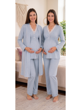 Effortt 3054 Mavi Dantel Detaylı Sabahlıklı Lohusa Pijama Takımı