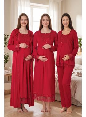 Effortt 3046 VİŞNE Dantelli 4lü Hamile Lohusa Seti