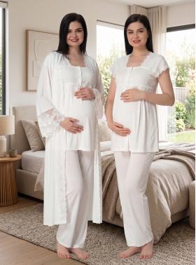 Effortt 5011 Ekru Uzun Prenses Sabahlıklı Lohusa Pijama Takımı