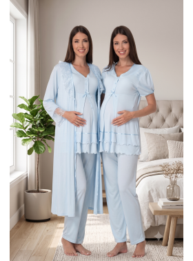 Effortt 8024 Mavi Dantel Sabahlıklı Lohusa Pijama