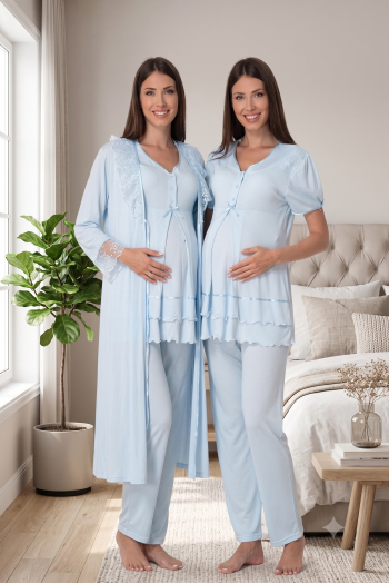 Effortt 8024 Mavi Dantel Sabahlıklı Lohusa Pijama