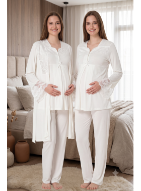 Effortt 4084 Ekru Dantelli Sabahlıklı Lohusa Pijama Takımı