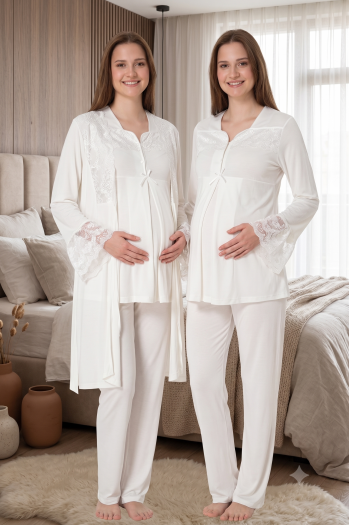 Effortt 4084 Ekru Dantelli Sabahlıklı Lohusa Pijama Takımı Effortt 4084 Ekru Dantelli Sabahlıklı Lohusa Pijama Takımı