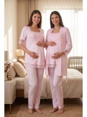 Effortt 6034 Pembe Emzirme Özellikli Sabahlıklı Lohusa Pijama Takımı