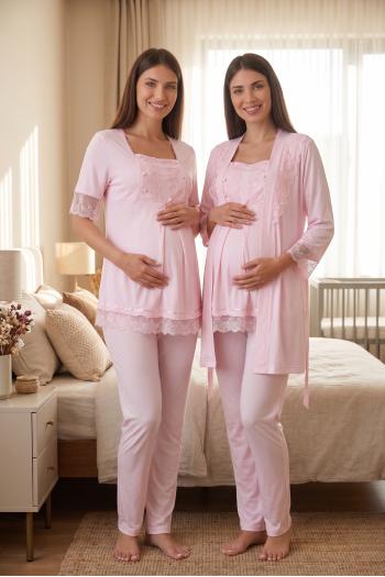 Effortt 6034 Pembe Emzirme Özellikli Sabahlıklı Lohusa Pijama Takımı