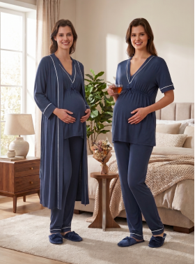 Effortt 5094 İndigo Biye Detaylı Sabahlıklı Lohusa Pijama Takımı