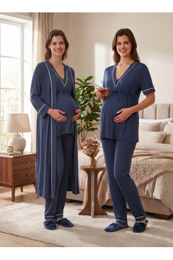 Effortt 5094 İndigo Biye Detaylı Sabahlıklı Lohusa Pijama Takımı Effortt 5094 İndigo Biye Detaylı Sabahlıklı Lohusa Pijama Takımı