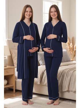 Effortt 5074 Lacivert Düğmeli Sabahlıklı Lohusa Pijama Takımı