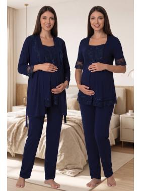 Effortt 6034 Lacivert Emzirme Özellikli Sabahlıklı Lohusa Pijama Takımı