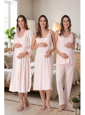 Effortt 9036 PUDRA Çizgili Sabahlıklı Lohusa 4lü Set