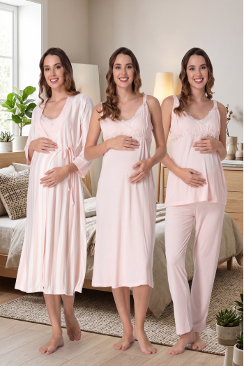 Effortt 9036 PUDRA Çizgili Sabahlıklı Lohusa 4lü Set