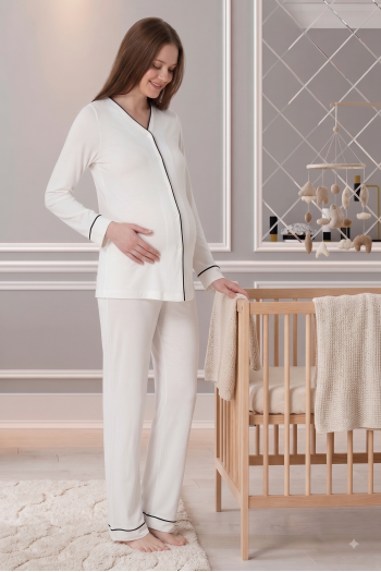 Effortt 5072 Ekru Önden Düğmeli Lohusa Pijama Takımı