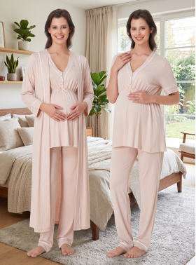 Effortt 5094 Bej Biye Detaylı Sabahlıklı Lohusa Pijama Takımı