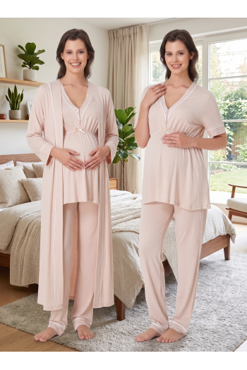 Effortt 5094 Bej Biye Detaylı Sabahlıklı Lohusa Pijama Takımı
