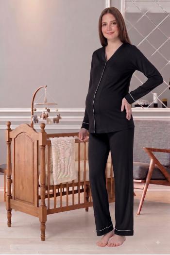 Effortt 5072 Siyah Düğmeli Sabahlıklı Lohusa Pijama Takımı