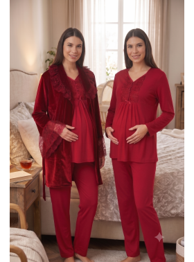Effortt 8088V Vişne Kadife Sabahlıklı Dantelli Lohusa Pijama Takımı