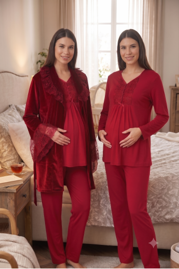 Effortt 8088V Vişne Kadife Sabahlıklı Dantelli Lohusa Pijama Takımı Effortt 8088V Vişne Kadife Sabahlıklı Dantelli Lohusa Pijama Takımı