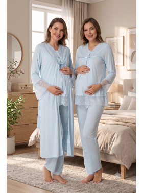Effortt 7044 Mavi Kolları Güpürlü Sabahlıklı Dantelli Lohusa Pijama Takımı