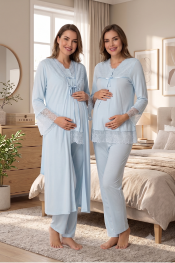 Effortt 7044 Mavi Kolları Güpürlü Sabahlıklı Dantelli Lohusa Pijama Takımı Effortt 7044 Mavi Kolları Güpürlü Sabahlıklı Dantelli Lohusa Pijama Takımı