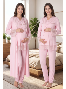 Effortt 7044 Pudra Pembe Kolları Güpürlü Sabahlıklı Dantelli Lohusa Pijama Takımı