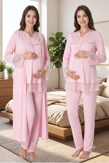 Effortt 7044 Pudra Pembe Kolları Güpürlü Sabahlıklı Dantelli Lohusa Pijama Takımı