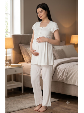 Effortt 5012 Ekru Kolları ve Yakası Dantelli Lohusa Pijama Takımı