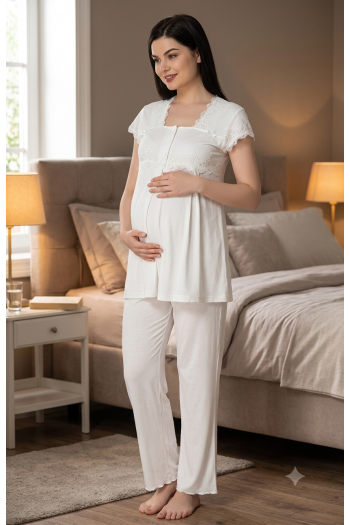 Effortt 5012 Ekru Kolları ve Yakası Dantelli Lohusa Pijama Takımı Effortt 5012 Ekru Kolları ve Yakası Dantelli Lohusa Pijama Takımı