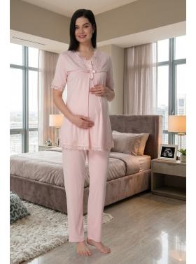 Effortt 5032 Pudra Dantel Yaka Lohusa Pijama Takımı