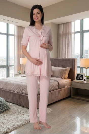 Effortt 5032 Pudra Dantel Yaka Lohusa Pijama Takımı