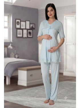 Effortt 5032 Mavi Dantel Yaka Lohusa Pijama Takımı