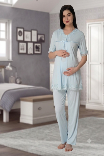 Effortt 5032 Mavi Dantel Yaka Lohusa Pijama Takımı
