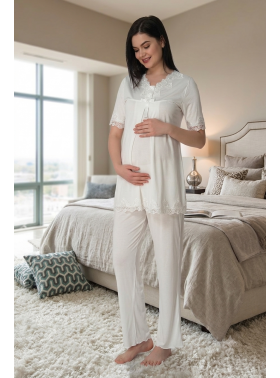 Effortt 5032 Ekru Dantel Yaka Lohusa Pijama Takımı