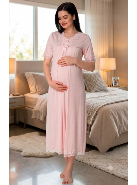 Effortt 5033 Pudra Pembe Dantelli Lohusa Gecelik Takımı