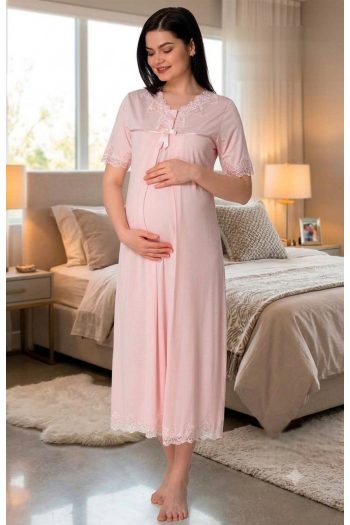 Effortt 5033 Pudra Pembe Dantelli Lohusa Gecelik Takımı