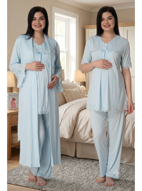 Effortt 5034 Mavi Uzun Sabahlıklı Hamile Lohusa Pijama Takımı