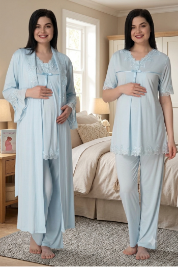 Effortt 5034 Mavi Uzun Sabahlıklı Hamile Lohusa Pijama Takımı