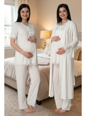 Effortt 5034 Ekru Uzun Sabahlıklı Hamile Lohusa Pijama Takımı