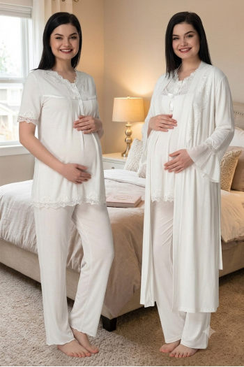 Effortt 5034 Ekru Uzun Sabahlıklı Hamile Lohusa Pijama Takımı