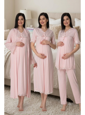 Effortt 5036 Pembe Dantel Yaka Hamile Lohusa Hamile 4'lü Set