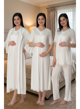 Effortt 5036 Ekru Dantel Yaka Hamile Lohusa Hamile 4'lü Set