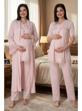 Effortt 5034 Pudra  Uzun Sabahlıklı  Hamile Lohusa Pijama Takımı