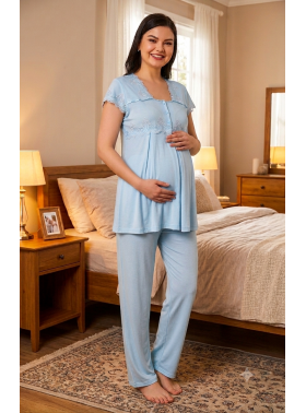 Effortt 5012 Mavi Kolları ve Yakası Dantelli Lohusa Pijama Takımı