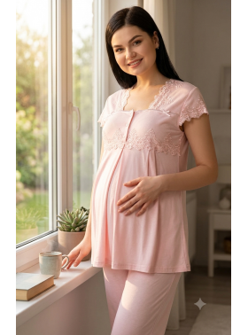 Effortt 5012 Pudra Kolları ve Yakası Dantelli Lohusa Pijama Takımı