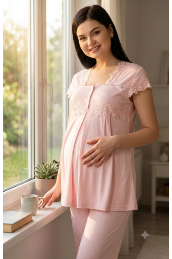 Effortt 5012 Pudra Kolları ve Yakası Dantelli Lohusa Pijama Takımı