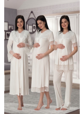 Effortt 5046 Ekru Güpür Sabahlıklı Lohusa Hamile 4'lü Set