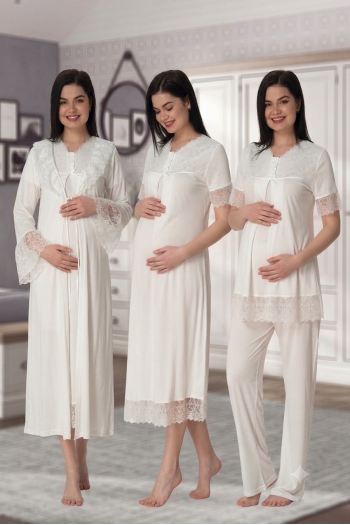 Effortt 5046 Ekru Güpür Sabahlıklı Lohusa Hamile 4'lü Set