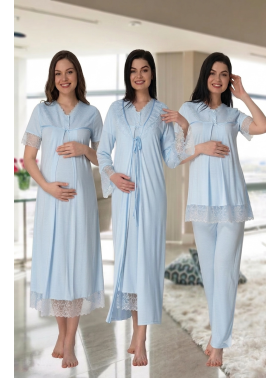 Effortt 5046 Mavi Güpür Sabahlıklı Lohusa Hamile 4'lü Set