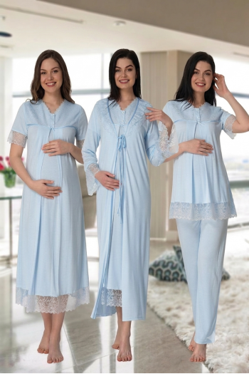 Effortt 5046 Mavi Güpür Sabahlıklı Lohusa Hamile 4'lü Set