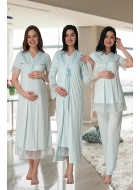 Effortt 5046 Turkuaz Güpür Sabahlıklı Lohusa Hamile 4'lü Set